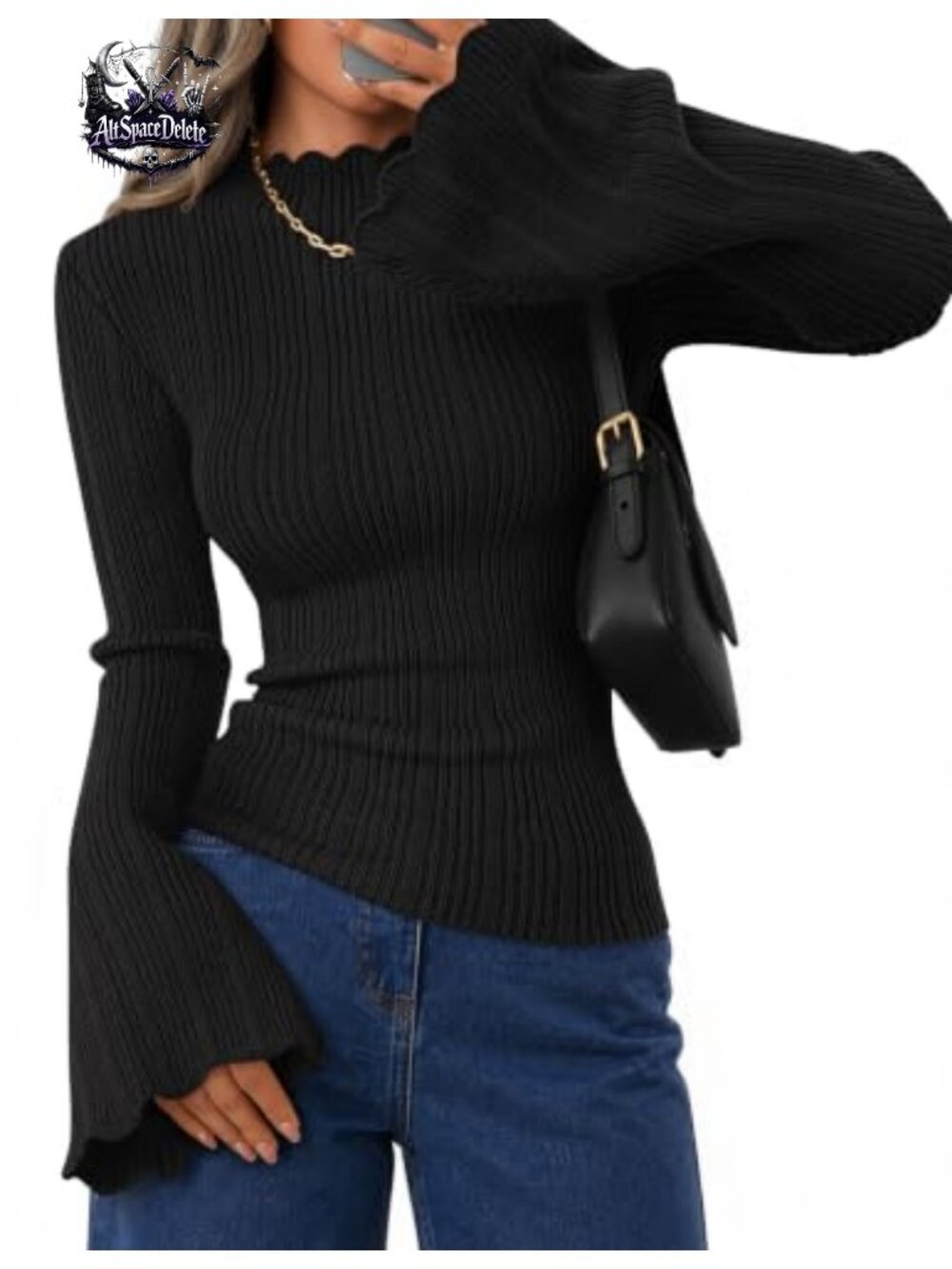 Bell Sleeve Knit Sweater Scalloped Mock Neck Slim Fit Pullover